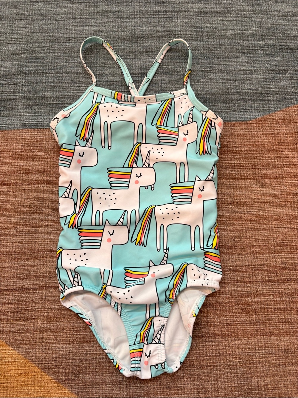 Girls Unicorn Print Light Blue One-Piece Swimsuit, Size 5T